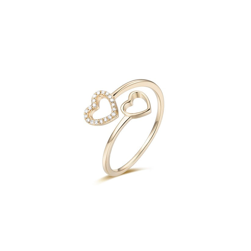 Open Double Heart Pave Round Diamond Ring in 14K Yellow Gold
