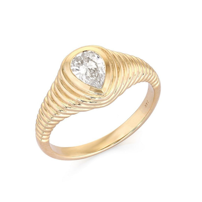 Pear Shaped Diamond Ribbed Dome Ring in 14K Yellow Gold