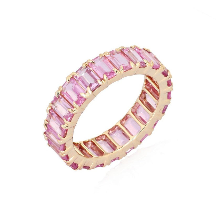 Pink Sapphire Motion Diamond Eternity Ring in 14K Yellow Gold