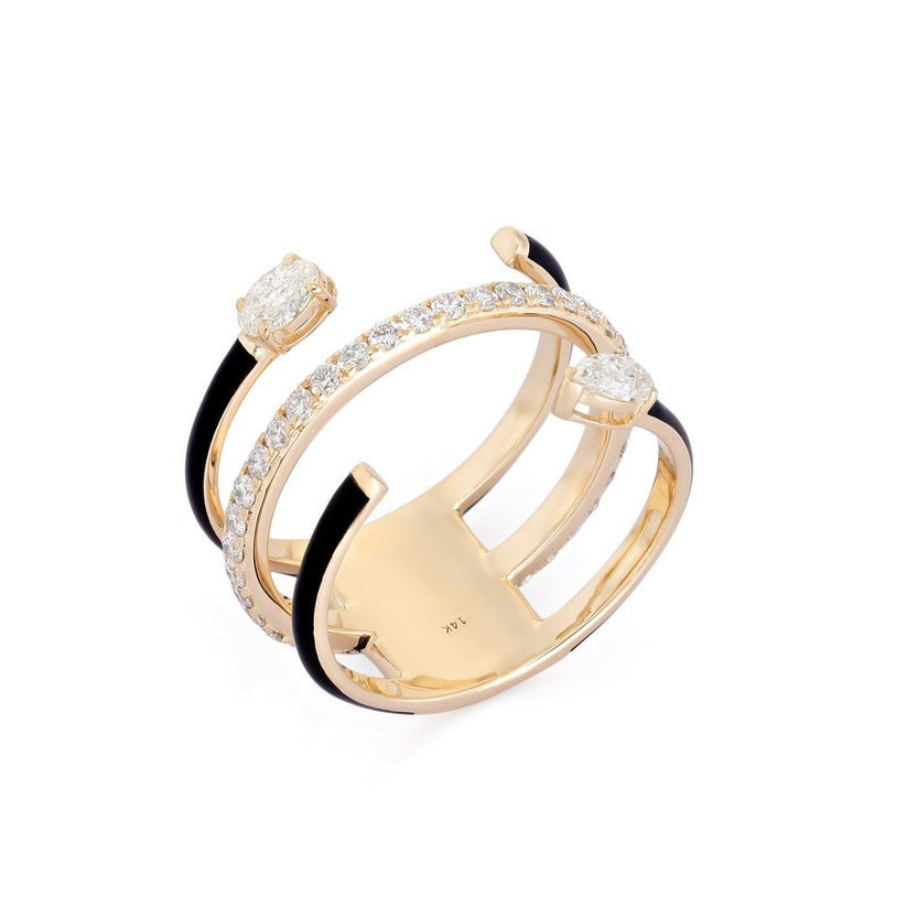 Double Band Black Enamel Oval Ring in 14K Yellow Gold