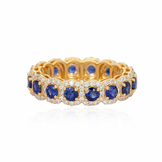 Eternity Band Blue Sapphire Halo Ring in 14K Yellow Gold