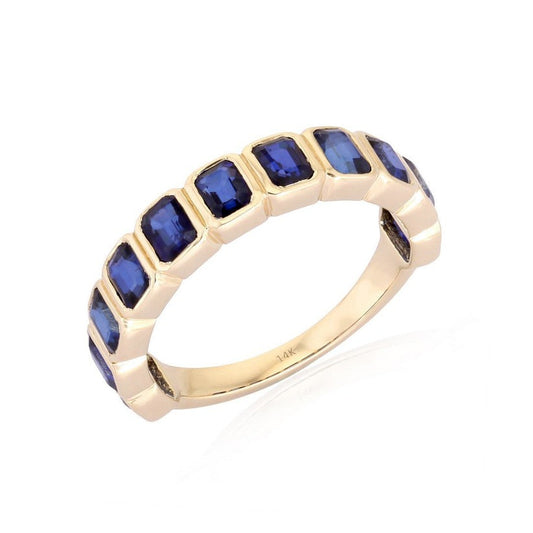 Band Ring Emerald Cut Blue Sapphire Ring in 14K Yellow Gold