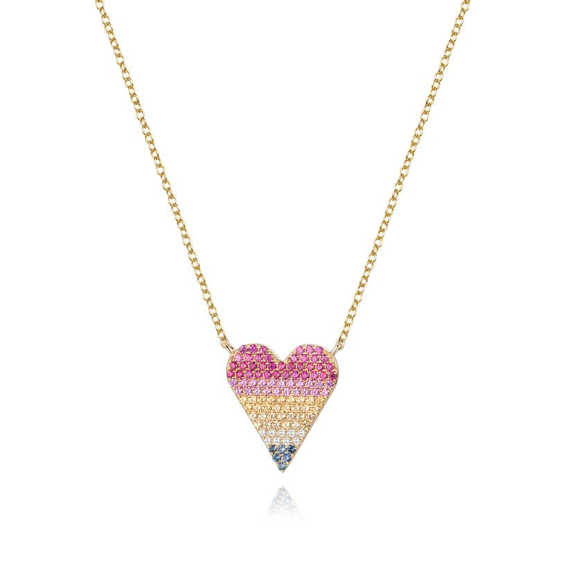 Heart Pave Multicolor Diamond Necklace in 14K Yellow Gold