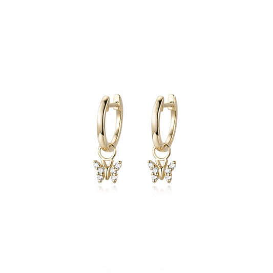 Butterfly Charm Diamond Hoop Earrings in 14K Gold