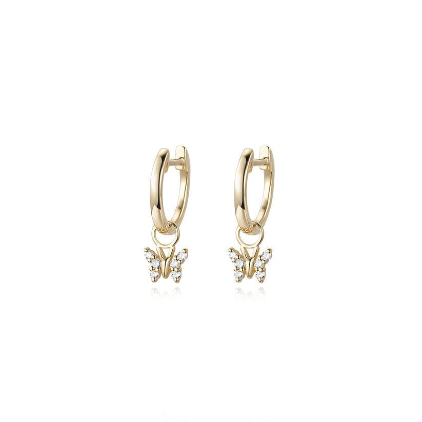 Butterfly Charm Diamond Hoop Earrings in 14K Gold