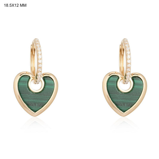 Green Malachite Heart Diamond Drop Earrings in 14K Yellow Gold