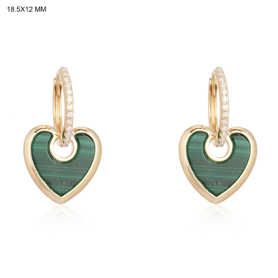 Green Malachite Heart Diamond Drop Earrings in 14K Yellow Gold