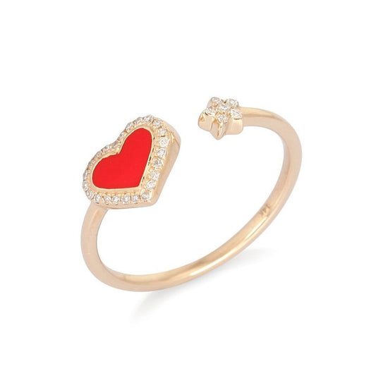 Diamond Studded Heart Open Wrap Ring in 14K Yellow Gold