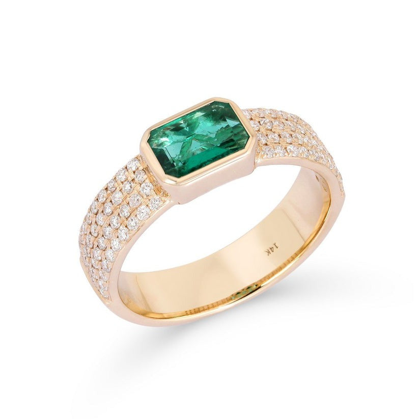 Green Emerald Diamond Dome Ring in 14K Yellow Gold
