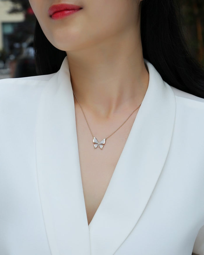 Diamond Pave Butterfly Pendant Necklace in 14K Yellow Gold