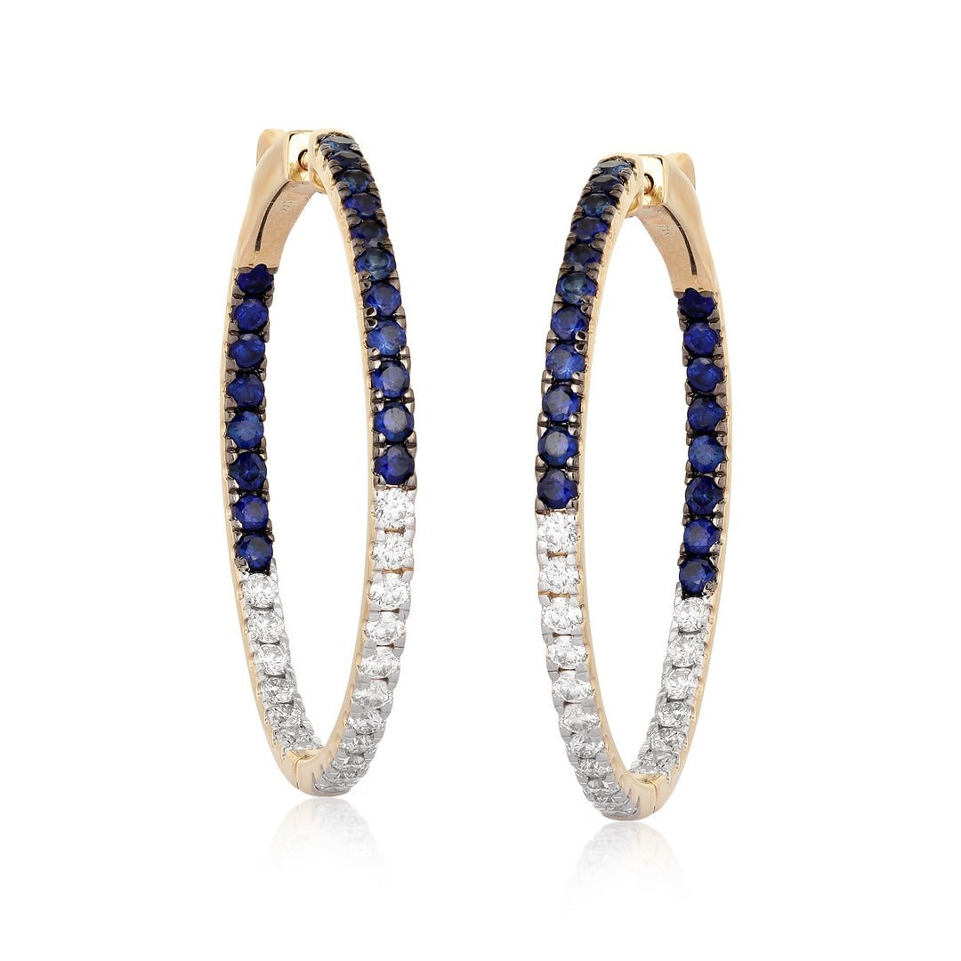 Sapphire Gemstones Diamond Hoop Earrings in 14K Yellow Gold