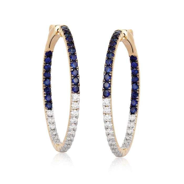 Sapphire Gemstones Diamond Hoop Earrings in 14K Yellow Gold
