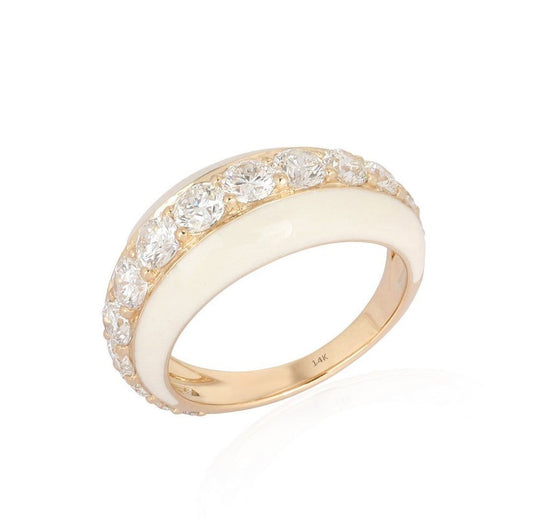 White Enamel Diamond Band Ring in 14K Yellow Gold