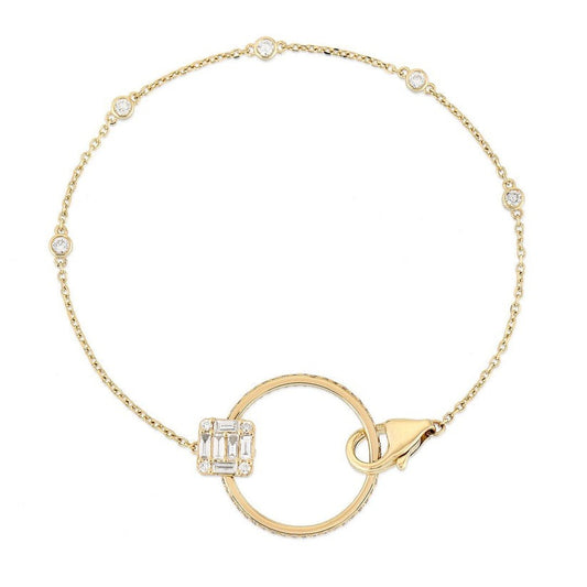 Baguette Diamond Circle Charm Bracelet in 14K Yellow Gold