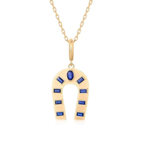 Blue Sapphire Emerald Pendant Necklace in 14K Yellow Gold