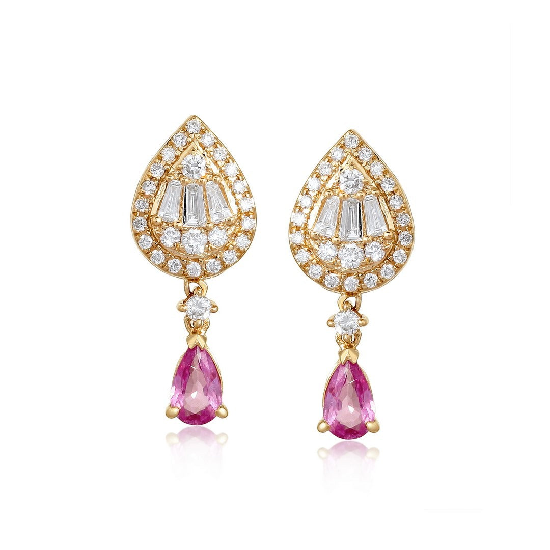 Pear Shape Radiant Drop Earrings in 14K Yellow Gold