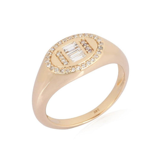 Oval Baguette Diamond Signet Ring in 14K Yellow Gold