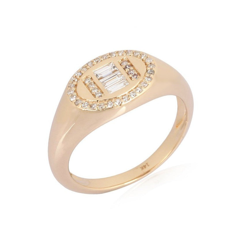 Oval Baguette Diamond Signet Ring in 14K Yellow Gold