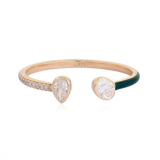 Open Wrap Green Enamel Diamond Ring in 14K Yellow Gold