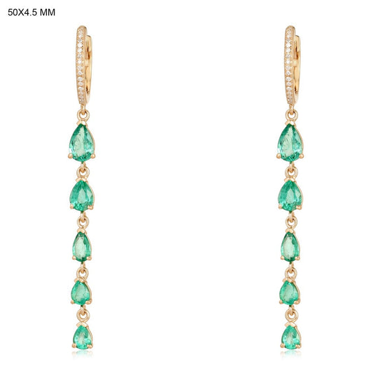Graduated Pear Cut Emeralds Long Drop Earrings in 14K Gold