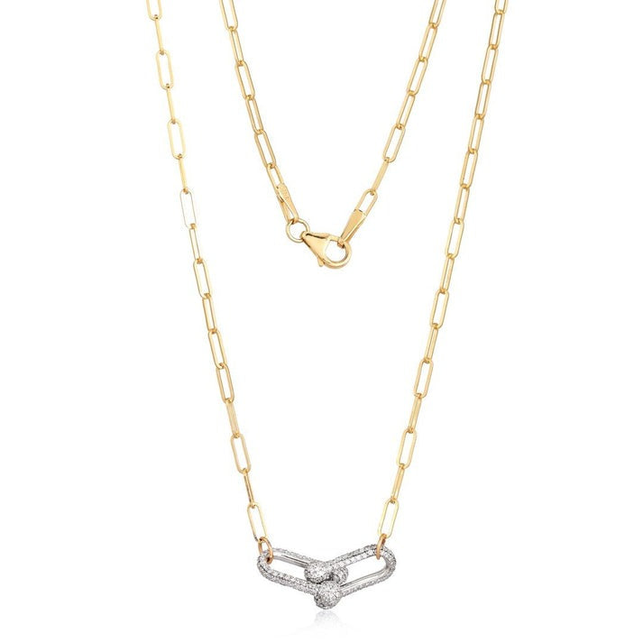 Pave Double Loop Paperclip Chain Necklace in 14K Yellow Gold