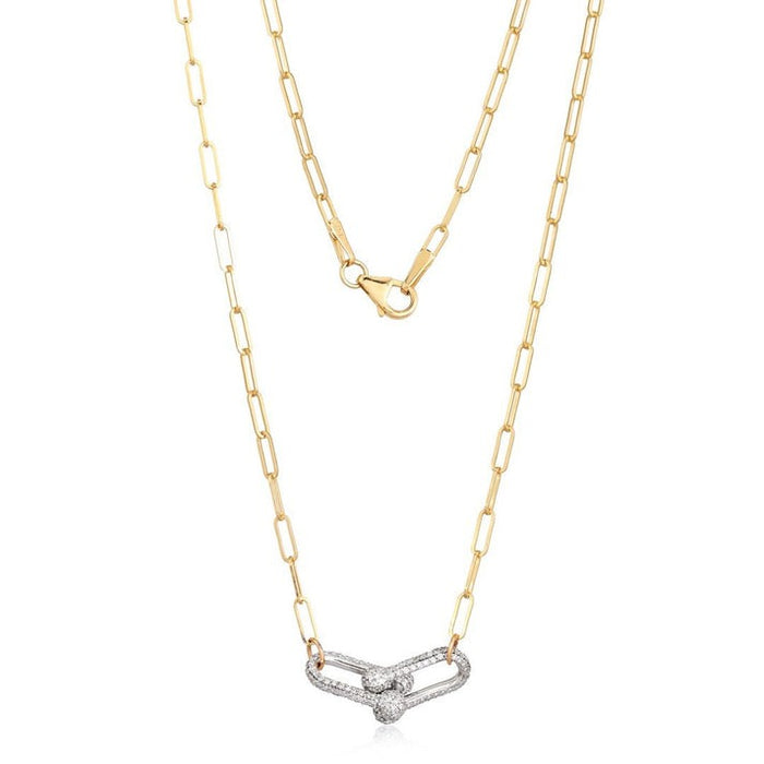 Pave Double Loop Paperclip Chain Necklace in 14K Yellow Gold