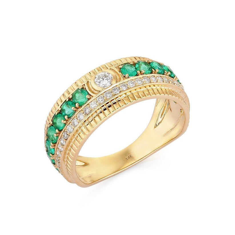 Double Row Emerald Diamond Ring in 14K Yellow Gold