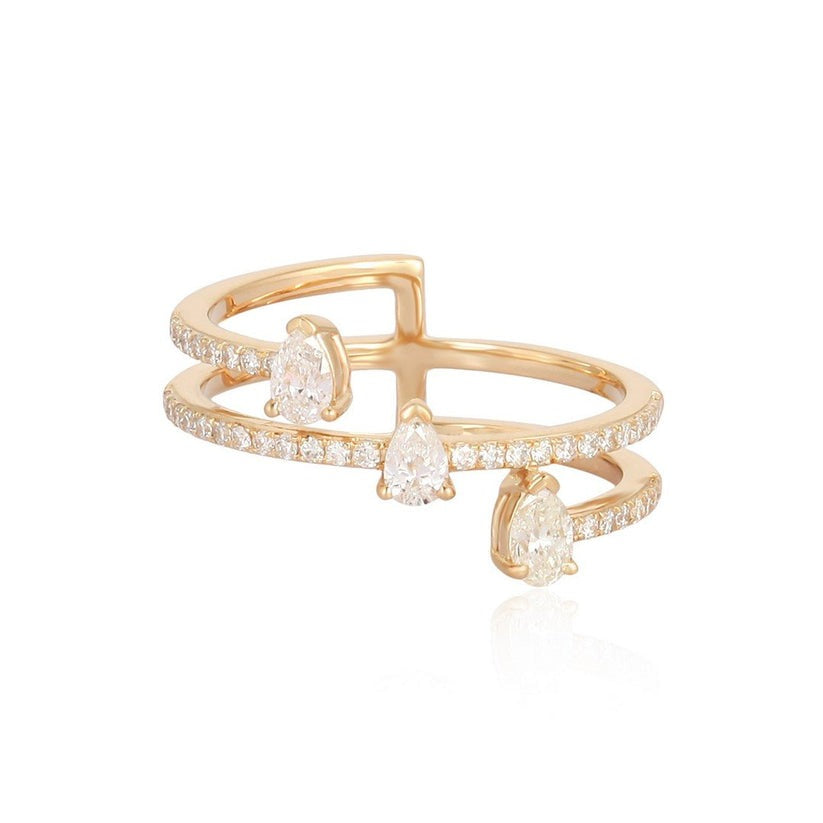 Double Band Pear-Cut Diamonds Ring in 14K Yellow Gold