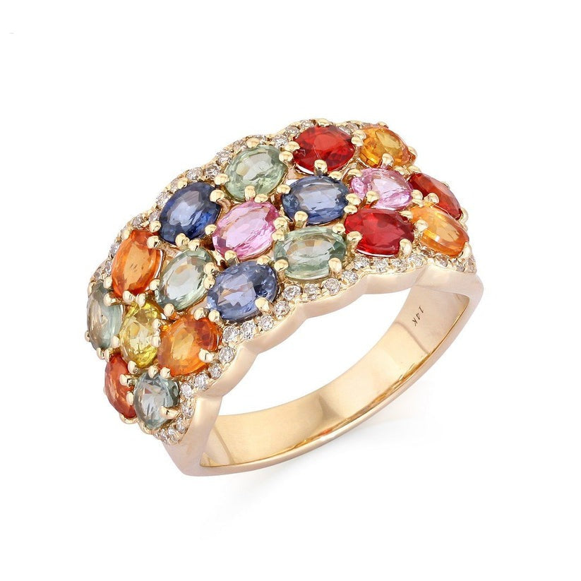 Colour Burst Sapphire Diamond Band Ring in 14K Yellow Gold