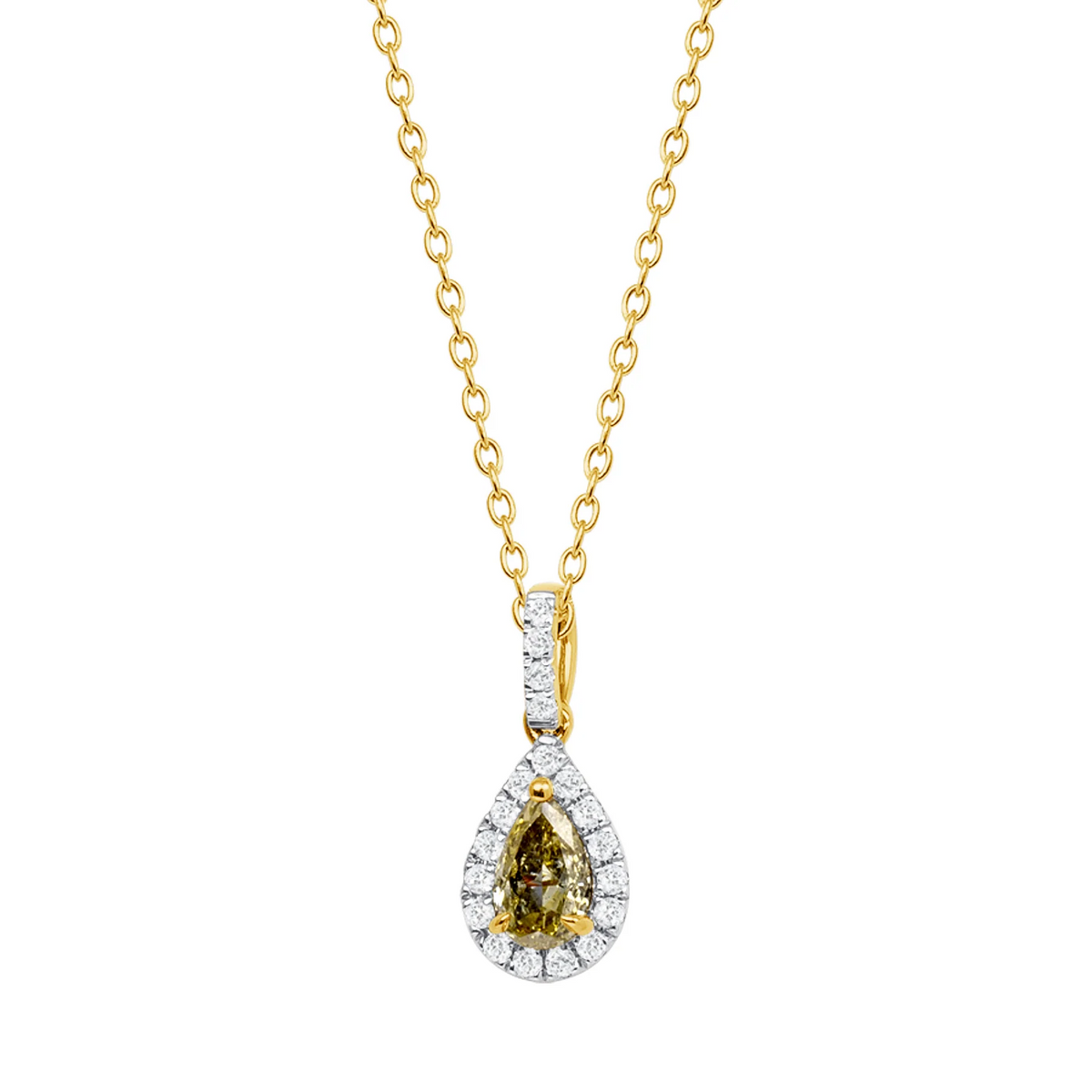 Pear Yellow Diamond Brilliant Halo Necklace in 14K Gold