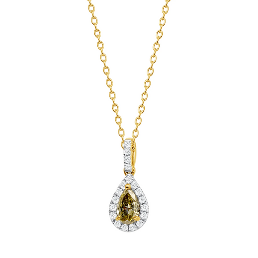 Pear Yellow Diamond Brilliant Halo Necklace in 14K Gold