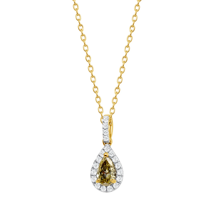 Pear Yellow Diamond Brilliant Halo Necklace in 14K Gold