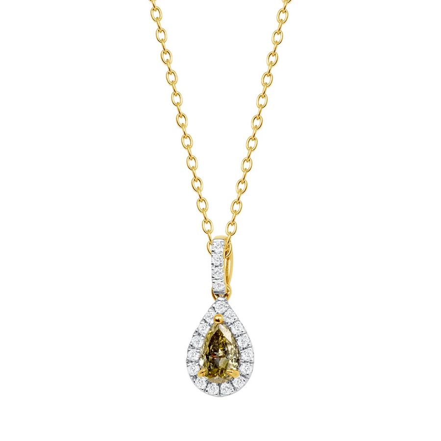 Pear Yellow Diamond Brilliant Halo Necklace in 14K Gold