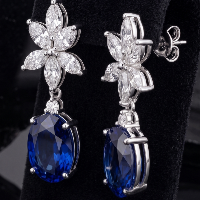 Blue Sapphire & Lab Diamond Floral Drop Earrings in 14K White Gold