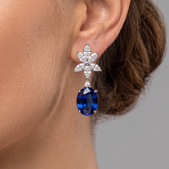 Blue Sapphire & Lab Diamond Floral Drop Earrings in 14K White Gold