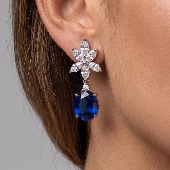 Blue Sapphire & Lab Diamond Floral Drop Earrings in 14K White Gold
