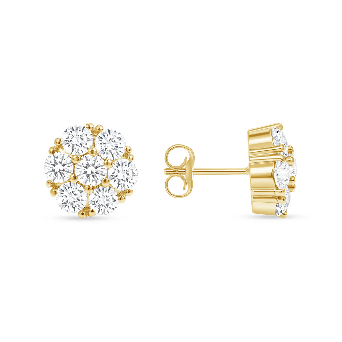 Diamond Flower Cluster Push Back Earrings in 14K Yellow Gold