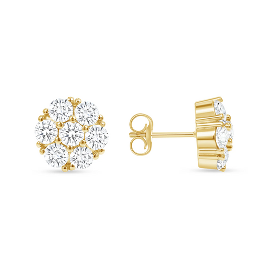 Diamond Flower Cluster Push Back Earrings in 14K Yellow Gold