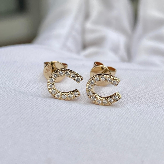 Lucky Charm Diamond Horseshoe Stud Earrings in 14K Yellow Gold