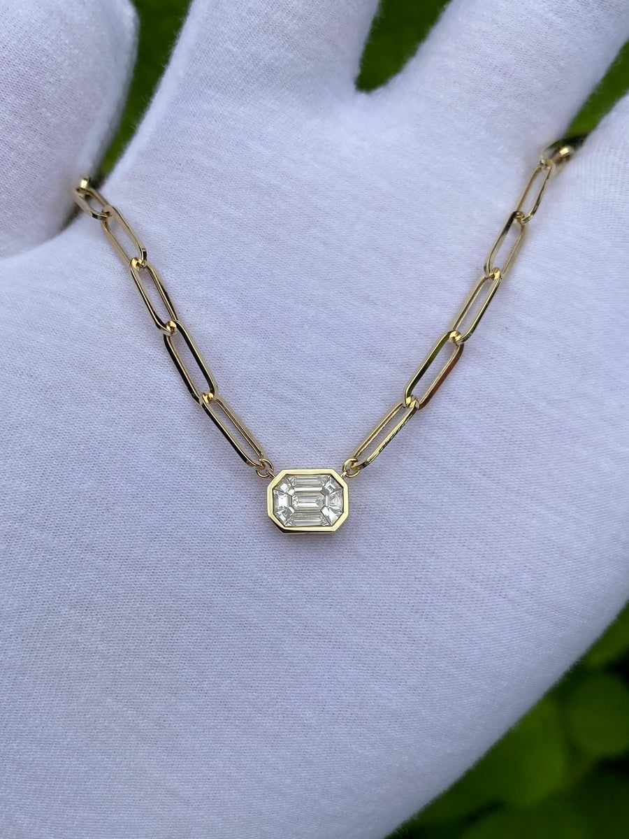 Paperclip Emerald Cut Pendant Necklace in 18K Yellow Gold