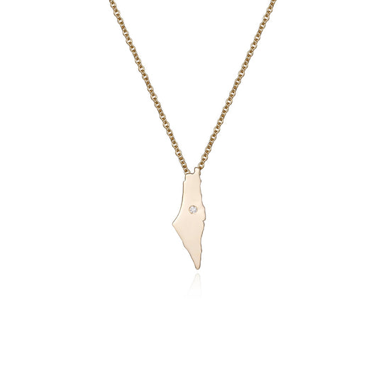 Gold Map Pendant Round Diamond Necklace in 14K Yellow Gold