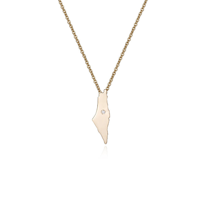 Gold Map Pendant Round Diamond Necklace in 14K Yellow Gold