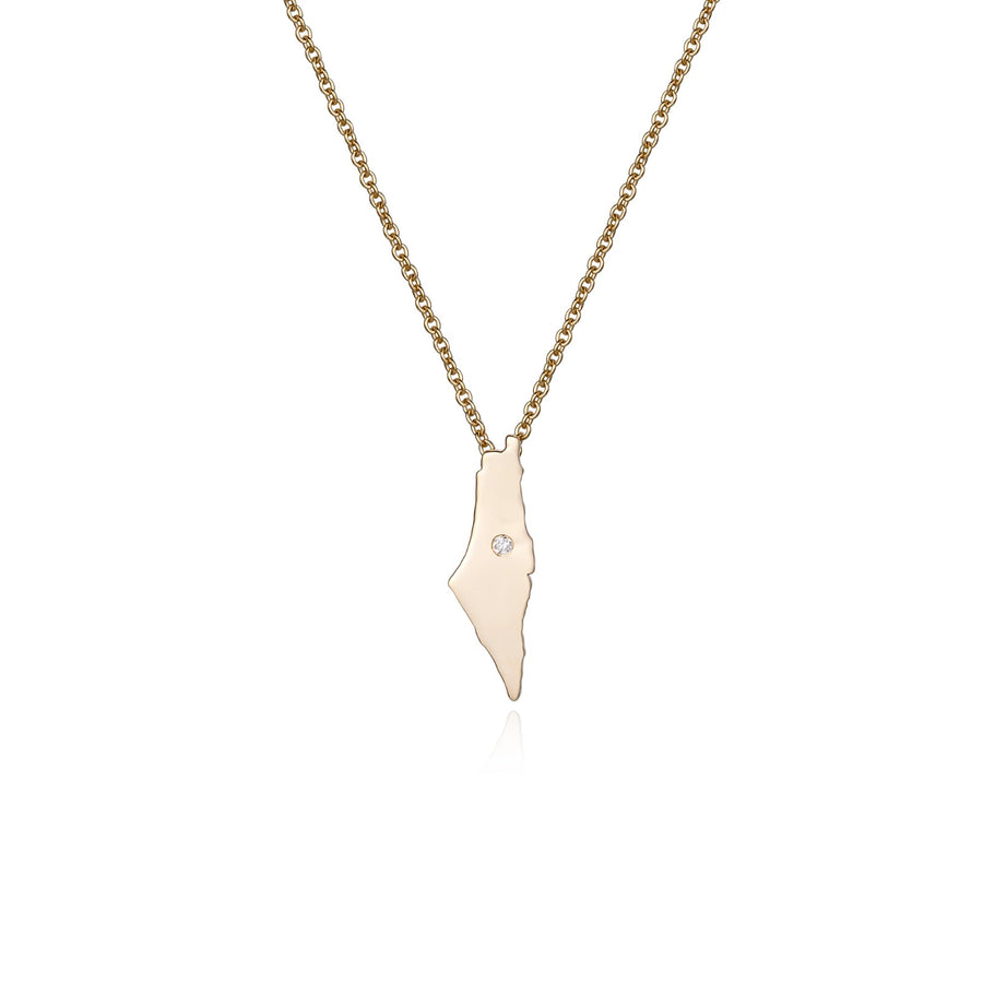Gold Map Pendant Round Diamond Necklace in 14K Yellow Gold