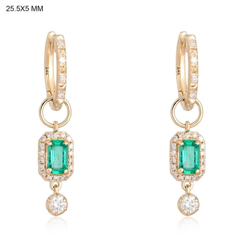 Emerald Diamond Halo Dangle Earrings in 14K Yellow Gold