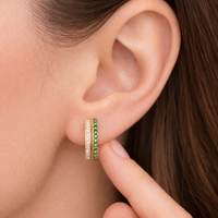 Double Row Emerald Diamond Huggie Hoops in 14K Yellow Gold