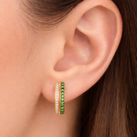 Double Row Emerald Diamond Huggie Hoops in 14K Yellow Gold