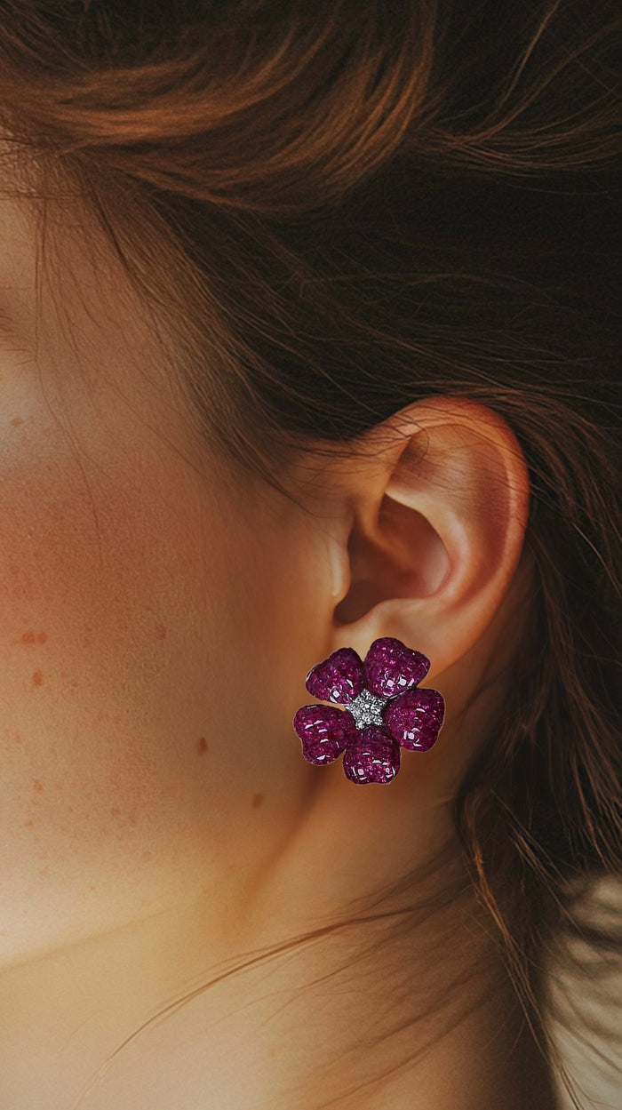 Diamonds Kissed Pink Blossom Stud Earrings in 14K Yellow Gold