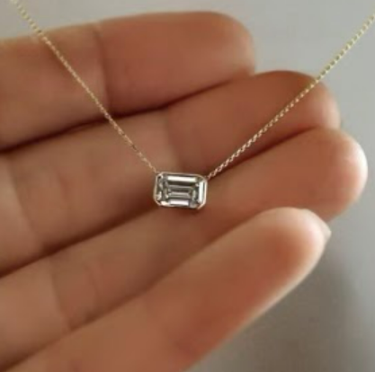Bezel Set Emerald Cut Diamond Necklace in 18K Gold