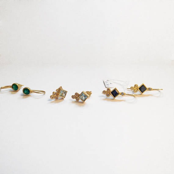 Princess Cut Sapphire Diamond (or 18k upon request) 14K Yellow Gold Drop Earrings