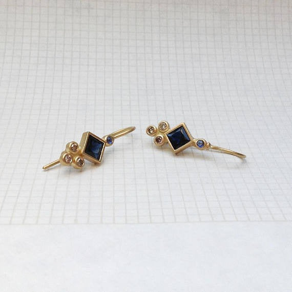 Princess Cut Sapphire Diamond (or 18k upon request) 14K Yellow Gold Drop Earrings